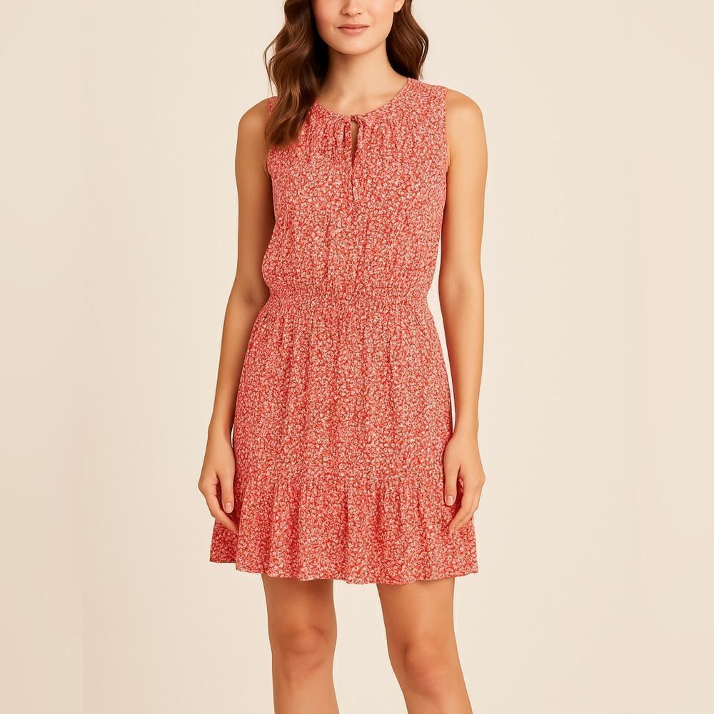 Walker & Wade Red Floral Sleeveless Ruffle Hem Dress 100% Rayon Size M